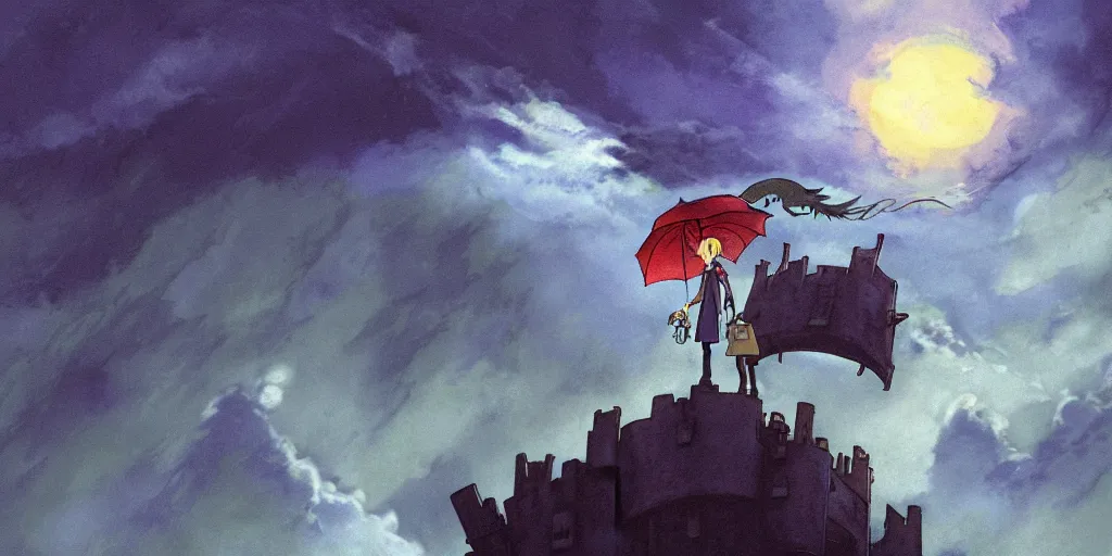 Image similar to a realistic and atmospheric cell - shaded concept art from howl's moving castle ( 2 0 0 4 ) of a multi - colored wyvern in the air. a man with an umbrella is standing in a flooded city. it is a misty starry night. very dull muted colors, hd, 4 k, hq