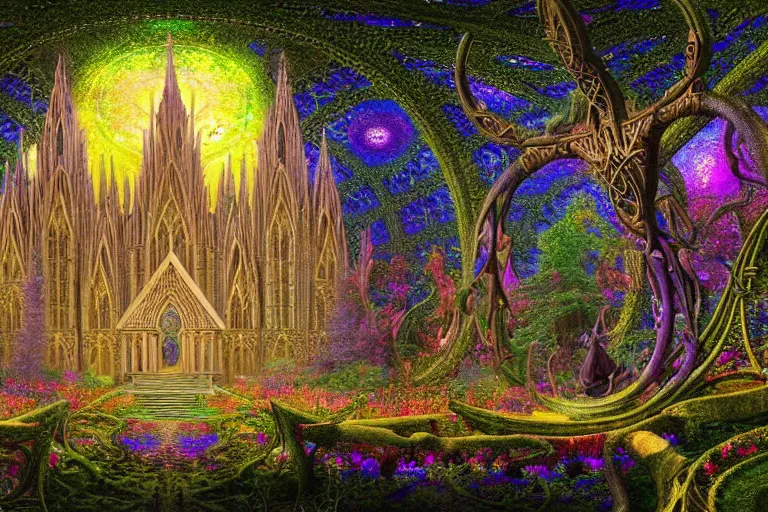 Prompt: a beautiful and highly detailed digital painting of an elven cathedral in a beautiful garden in a mystical forest, psychedelic colors, celtic, intricate psychedelic patterns, intricate details, epic scale, insanely complex, cgsociety, 8 k, sharp focus, hyperrealism, by alex grey, caspar friedrich, albert bierstadt, james gurney, brian froud,