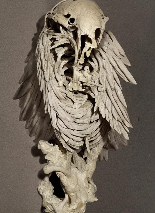 Image similar to a vulture skeleton sculpted on carved rock by bernini