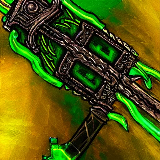 Image similar to Oil painting concept art of a magical acid sword glowing bright green, very intricate hilt, green color scheme, highly detailed concept art.