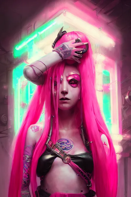 Image similar to jinx from league of legends, long pink hair, cyberpunk futuristic neon. decorated with traditional japanese ornaments by ismail inceoglu dragan bibin hans thoma greg rutkowski alexandros pyromallis nekro rene maritte illustrated, perfect face, fine details, realistic shaded, fine - face, pretty face