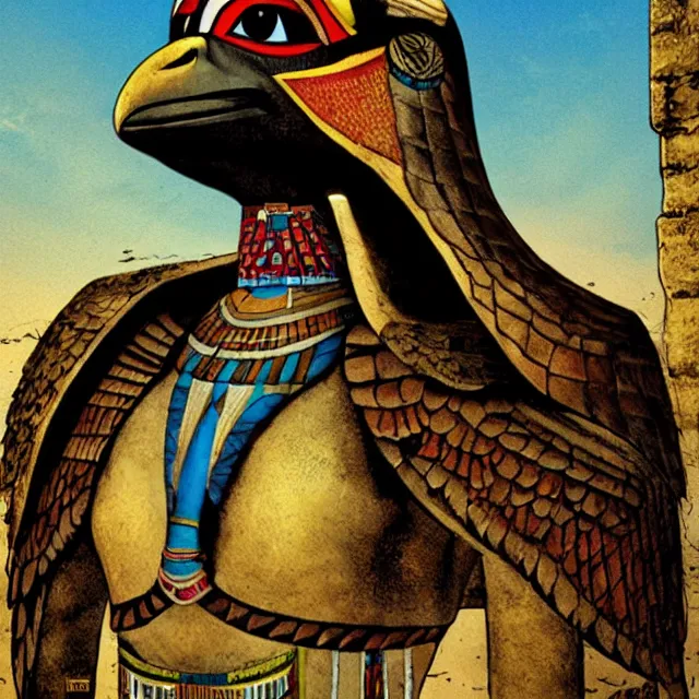 Prompt: Horus the falcon headed egyptian god by Enki Bilal and Dave McKean