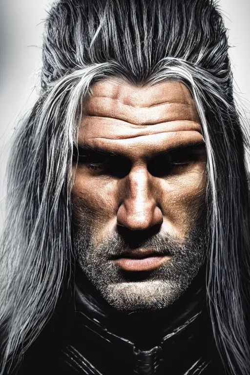 Image similar to portrait of geralt of rivia, 5 5 mm lens, professional photograph, times magazine, serious, stern look