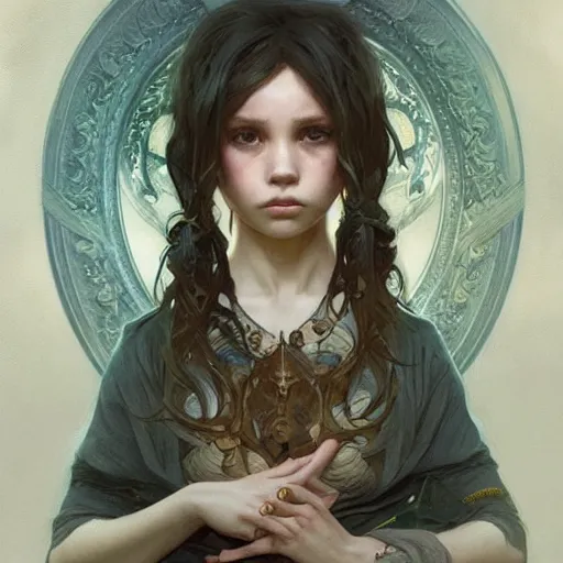 Image similar to a weird supernatural and creepy and adorable kid, fantasy, intricate, elegant, highly detailed, digital painting, artstation, concept art, smooth, sharp focus, illustration, art by artgerm and greg rutkowski and alphonse mucha