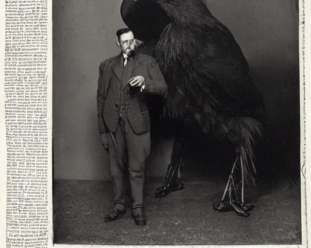 Image similar to early 1 9 0 0 s photo of a man in a suit next to a colossal black taxidermied bird, black and white, newspaper clipping