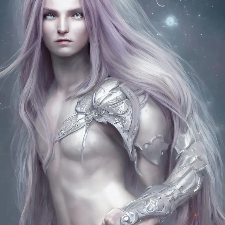 Image similar to portrait anthropomorphic candy gumdrop character with brilliant silver flowing hair and a brilliant jeweled silver helm, beautiful white glowing eyes, wideshot ultrawide angle epic scale, hybrid from The Elden Ring and art direction by Darius Zawadzki ;by artgerm; wayne reynolds art station; cinematic quality character render; low angle; ultra high quality model; production quality cinema model;