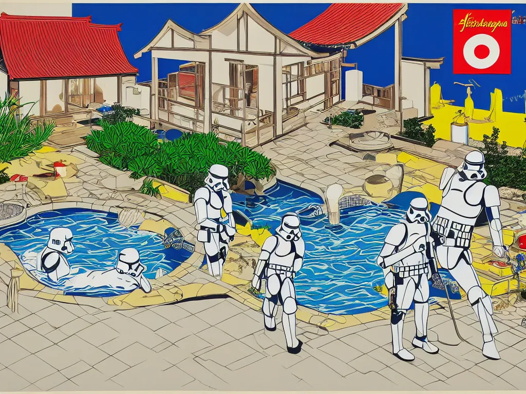 Image similar to hyperrealism composition of the japanese house with a hot springs in the garden, two detailed stormtroopers bathe in a hot spring, pop - art style, jacky tsai style, andy warhol style, roy lichtenstein style, acrylic on canvas