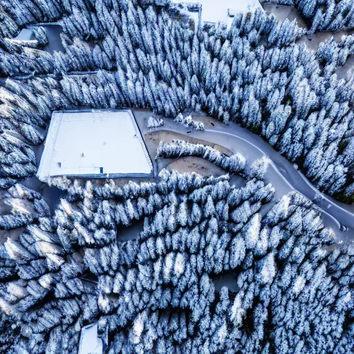 Image similar to sattelite image of snow from 150 meters height, some cutted trees and frozen trees covered with ice and snow, old lumber mill remains, beautiful winter area