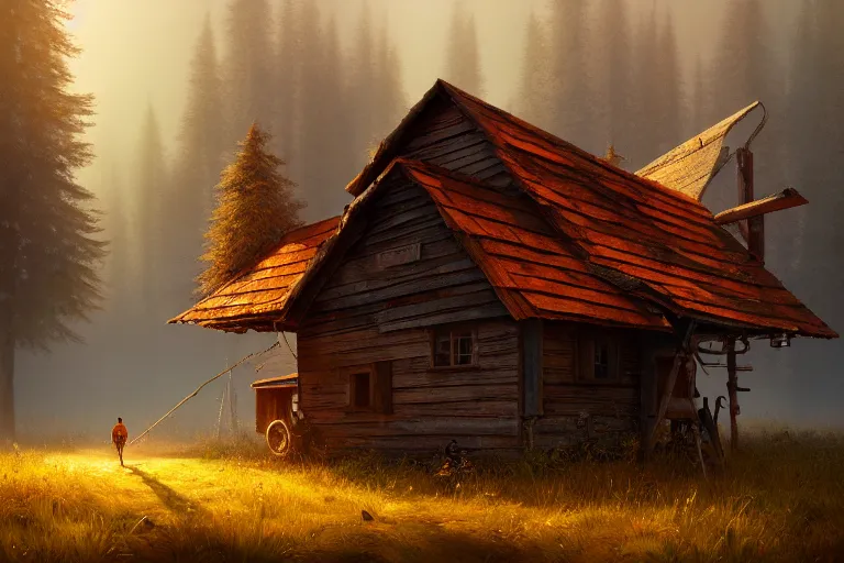 Image similar to a wood house walking with two mechanical legs, rust, hyperrealistic, highly detailed, cinematic, single ray of sun, fog, beautiful, cgssociety, artstation, 8 k, oil painting