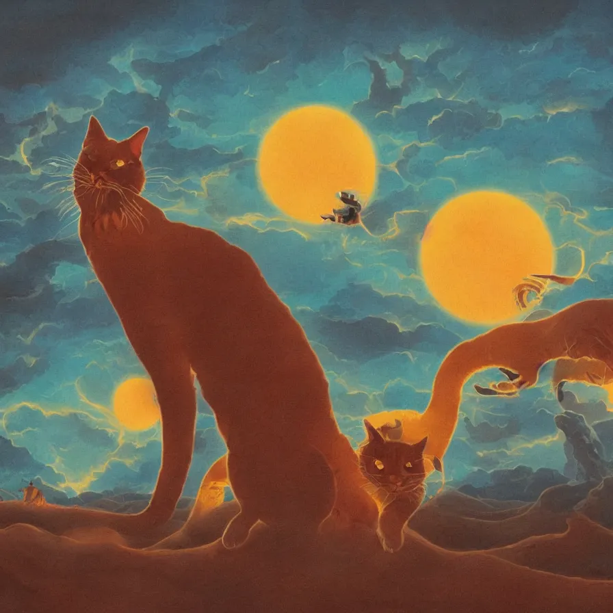 Prompt: a surreal landscape of a frightened giant cat chased by ghosts in a vast desert lit by two scary moons, deeply texural, saturated color scheme