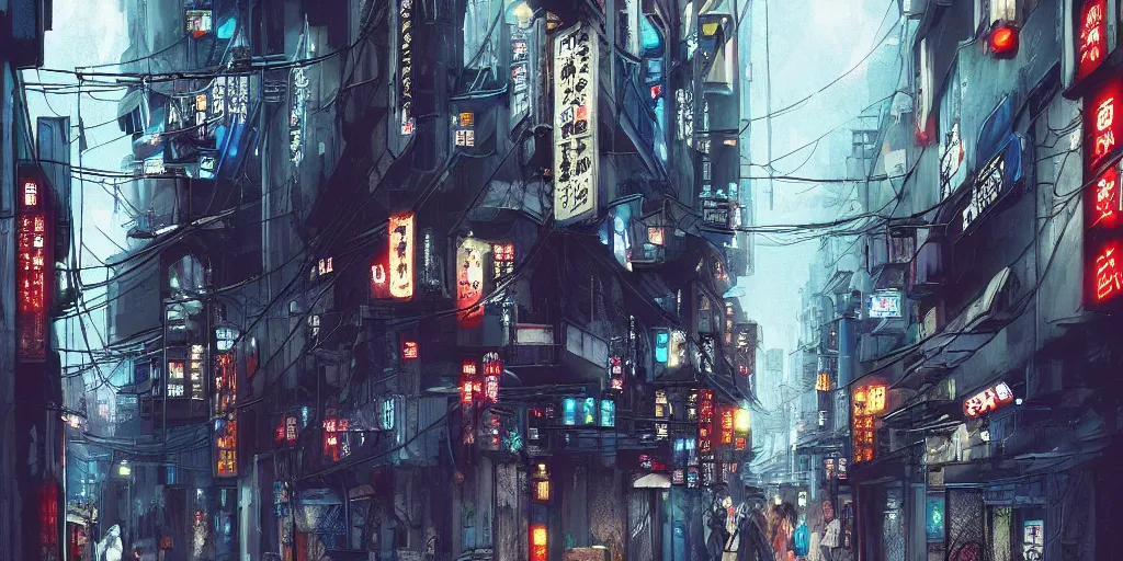 Prompt: Cyberpunk back alley on a rainy day in Japan, low angle view, detailed matte painting, cinematic, Helio Frazao, Artstation