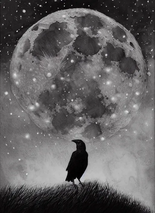 Image similar to portrait, A crow in front of the full big moon, book cover, red white and black colors, establishing shot, extremly high detail, foto realistic, cinematic lighting, pen and ink, intricate line drawings, by Yoshitaka Amano, Ruan Jia, Kentaro Miura, Artgerm, post processed, concept art, artstation, matte painting, style by eddie mendoza, raphael lacoste, alex ross