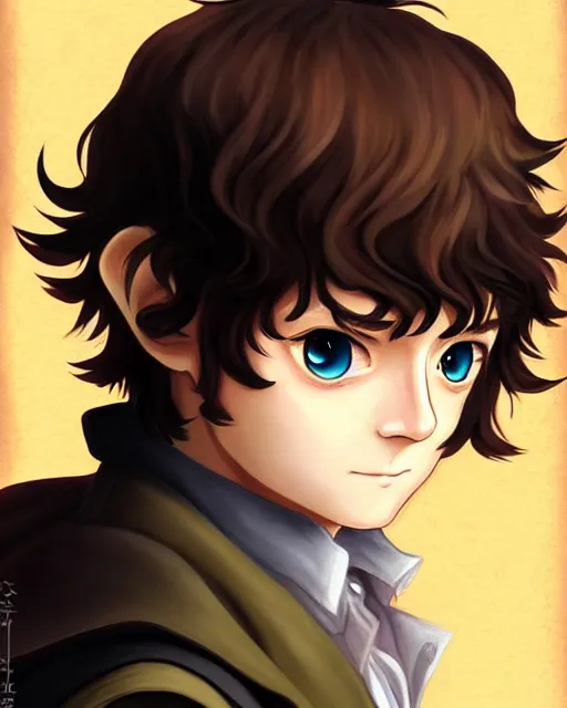 Prompt: portrait Anime joyful Hobbit Frodo Baggins; velvet brown jacket, backpack, Shire background || cute-fine-face, pretty face, realistic shaded Perfect face, fine details. Anime. realistic shaded lighting by Ross Tran