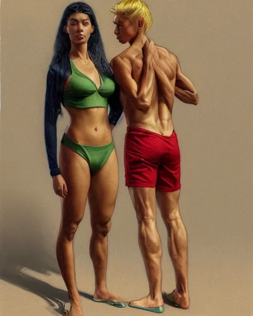 Prompt: Portrait of mixed race skinny man in a tracksuit & a blonde woman wearing a green & red bikini exchanging cockerels in London,real life skin, intricate, elegant, highly detailed, artstation, concept art, smooth, sharp focus, art by artgerm and greg rutkowski and alphonse mucha