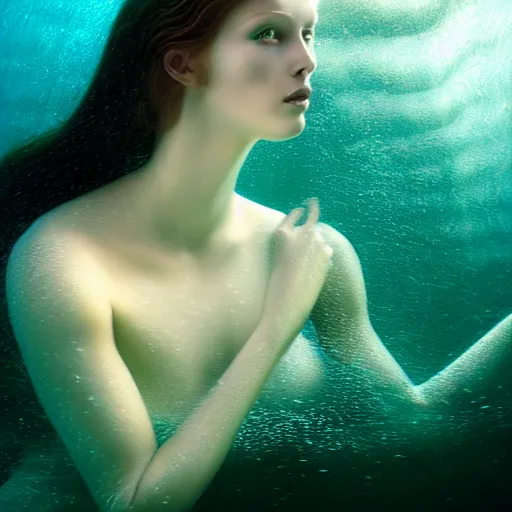 Image similar to photographic portrait of a stunningly beautiful siren renaissance female, underwater in neptunes palace, caustics, in soft dreamy light, contemporary fashion shoot, by edward robert hughes, annie leibovitz and steve mccurry, david lazar, jimmy nelsson, extremely detailed, breathtaking, hyperrealistic, perfect face, octane render