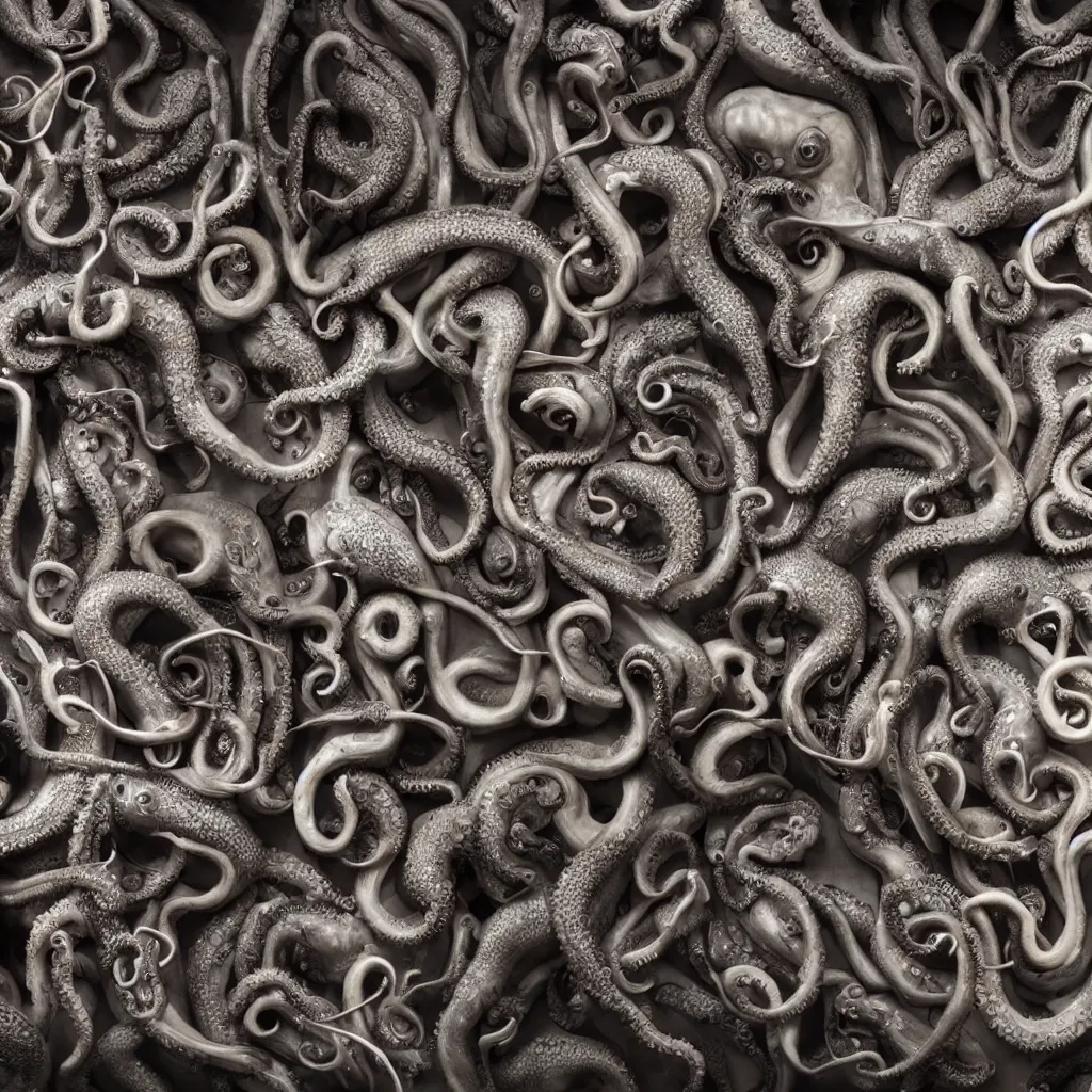 Prompt: a wideshreen photo of a huge cabinet full of octopuses cinematic lighting, silverplate, hyper realistic, very detailed, Octane render 8k