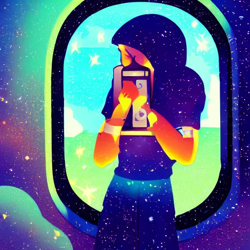 Prompt: lofi girl staring out the window of her spaceship listening to music on a sony walkman, camera facing the window, galaxies and stars are in the background of the window, spaceship is all rusted on the inside, 4 k, fantasy, space, lofi, music, alone, galaxies, stars