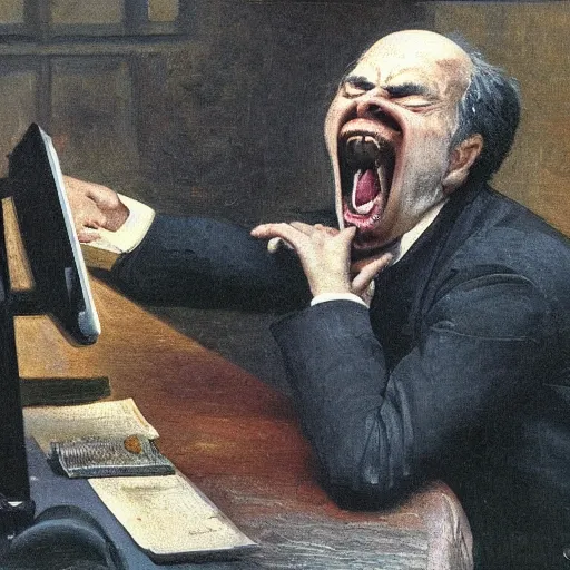 Prompt: an angry man screams at his computer monitor, oil on canvas, 1 8 8 3, highly detailed