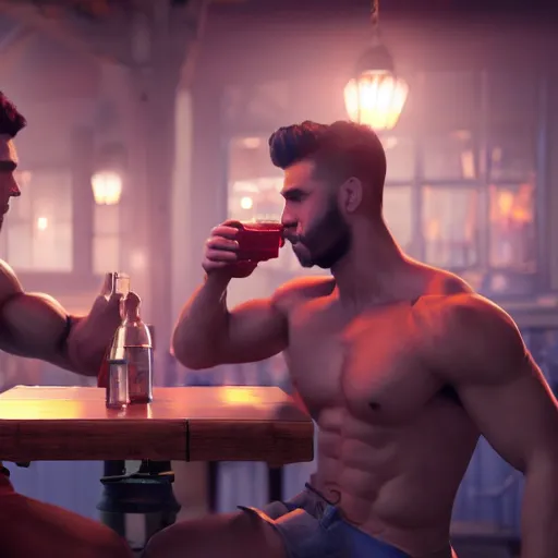 Prompt: cinematic scene with attractive muscular male and another attractive muscular male, drinking their hearts out, in the pub, very detailed, volumetric lighting, still frame