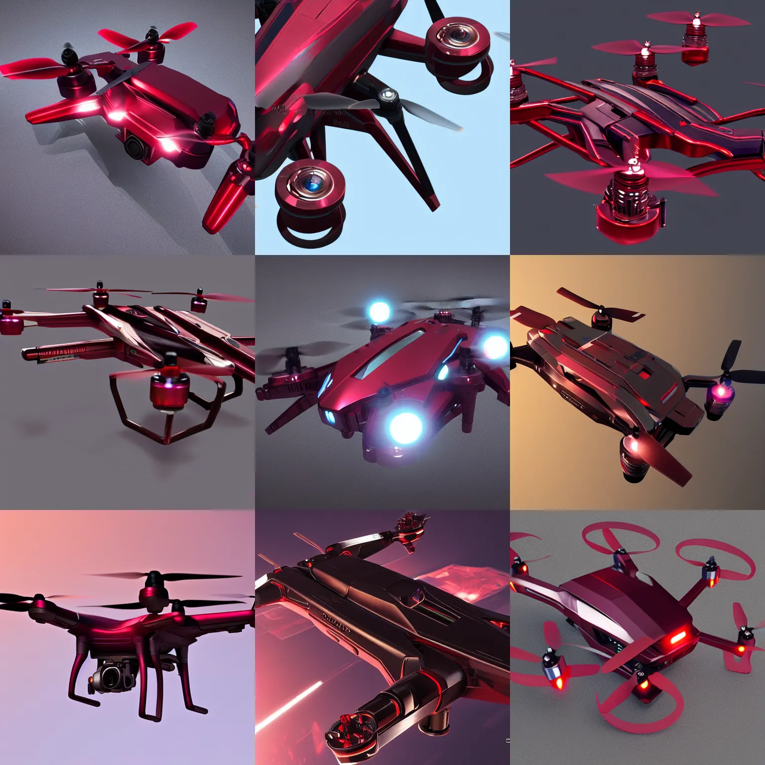 Prompt: concept art for a quadcopter drone, maroon accents, metallic reflections, gorgeous soft lighting, star citizen, trending on artstation, smooth, origin jumpworks, dji top down view