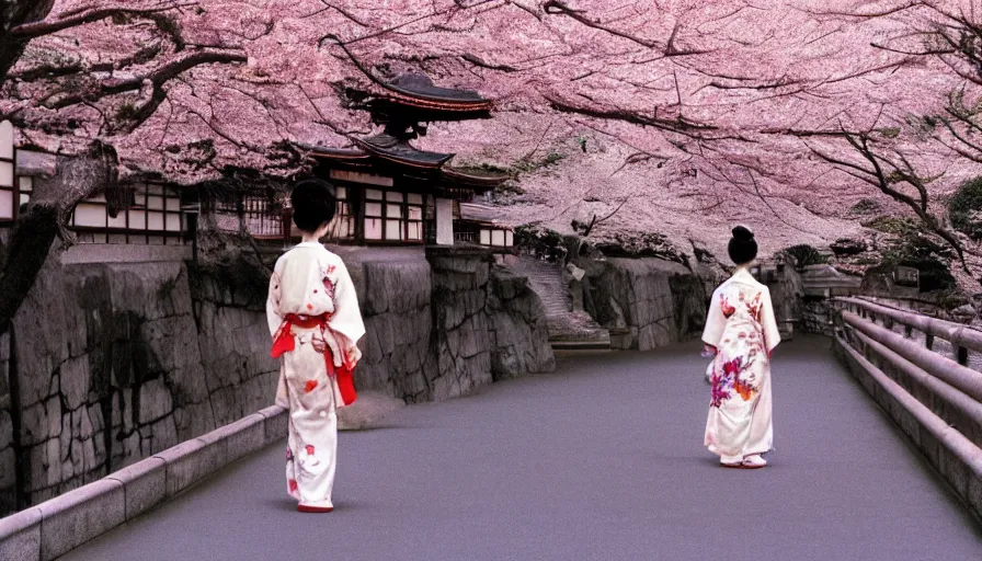 Image similar to movie still by alejandro jodorowsky of a beautiful day in kyoto japan, a girl wearing a gucci kimono is walking down the street, cherry blossoms and a waterfall, cinestill 8 0 0 t eastmancolor technicolor, high quality, very detailed, heavy grain, fine facial features, 8 k, octane render