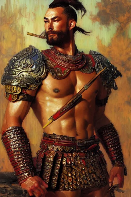 Prompt: attractive muscular male with armor, ming dynasty, character design, colorful paint, complex pattern, sweat, painting by gaston bussiere, craig mullins, j. c. leyendecker, tom of finland