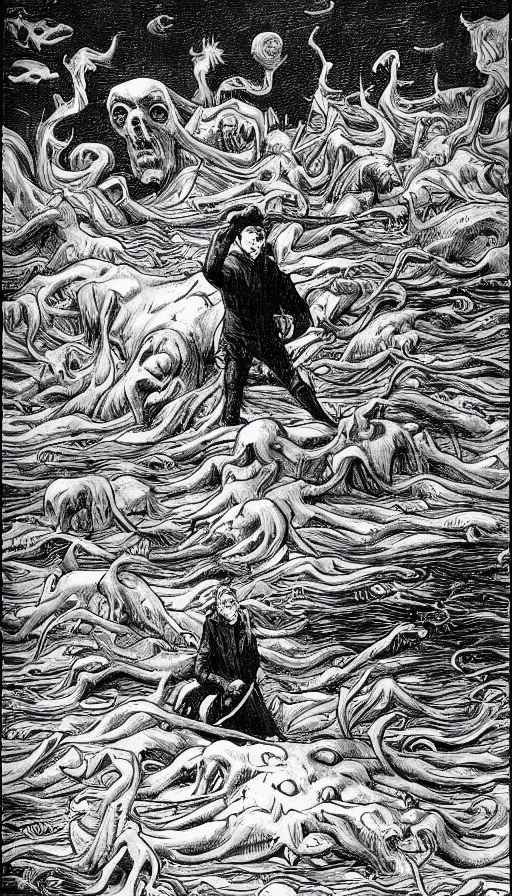 Image similar to man on boat crossing a body of water in hell with creatures in the water, sea of souls, by h. p. lovecraft