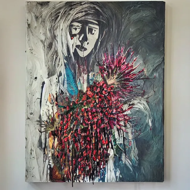 Image similar to “ a portrait in a female art student ’ s apartment, sensual, australian wildflowers, flax, flannel flower, bottlebrush, half - finished sculpture, sculpture work in progress, a candle dripping white wax, clay, squashed berries, berry juice drips, acrylic and spray paint and oilstick on canvas, surrealism, neoexpressionism ”