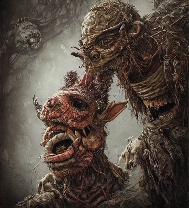 Prompt: hyper realistic portrait of postapocalyptic muppet show monster goblin, cinematic, symmetric, jean baptiste monge, scott radke