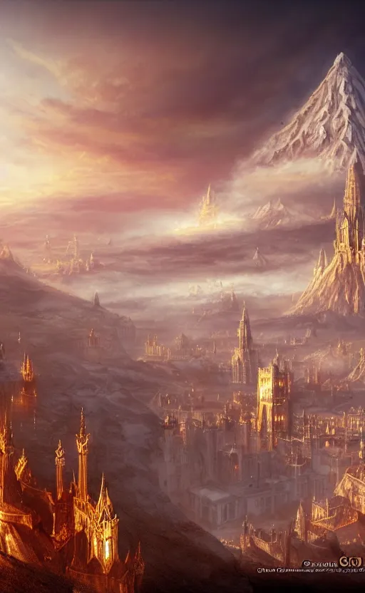 Image similar to beautiful gold fantasy city made from white stone and bright copper built on the side of a volcano, gondor, misty, red sky, medieval city, metropolis, magic, gorgeous clouds, white marble, god rays, digital art, landscape, fantasy art, octane render, ureal engine, high detail, very realistic, by greg rutkowski. by james gurney