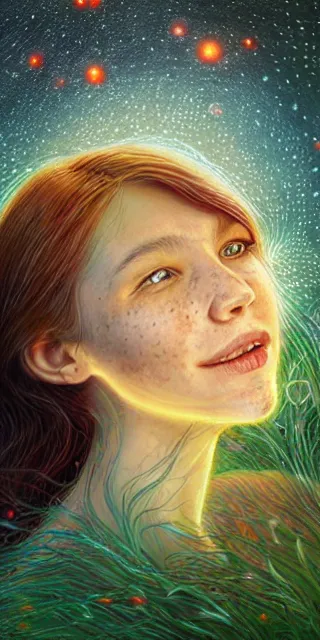 Image similar to infp young woman, smiling amazed, golden fireflies lights, sitting in the midst of nature fully covered, long loose red hair, intricate linework, bright accurate green eyes, small nose with freckles, oval shape face, realistic, expressive emotions, dramatic lights magical scene, hyper realistic ultrafine art by michael cheval, jessica rossier, boris vallejo