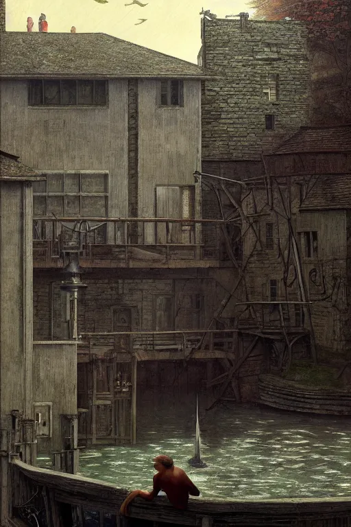 Prompt: detailed ultra - realistic graphic novel illustration of a dystopian watermill scene by edward hopper and gregory crewdson, cinematic, muted colors, cinematic fog, full shot, george adult, carel willink, ian miller, wayne barlowe, greg rutkowski, norman rockwell