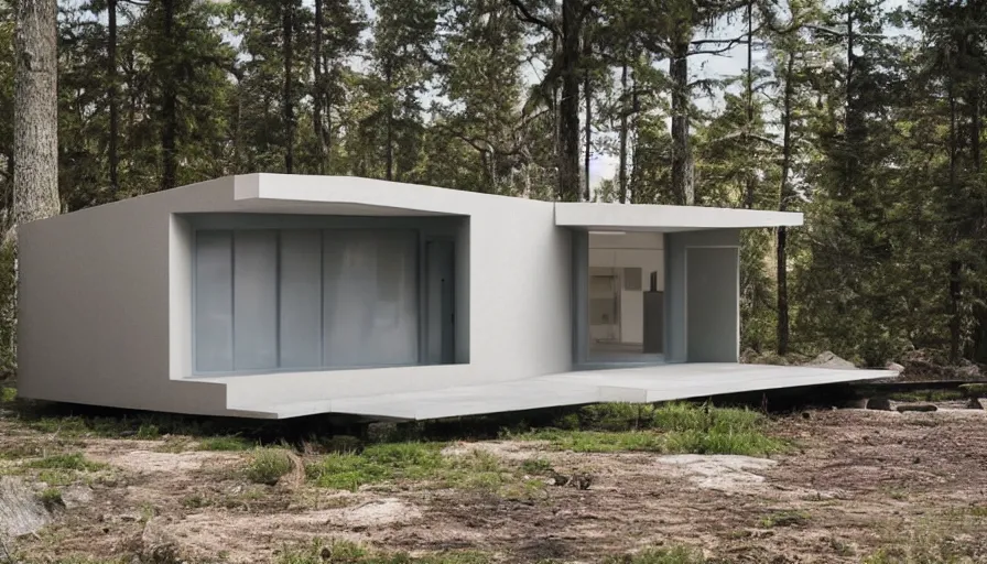 Image similar to A wide image of a full innovative contemporary prefab cabin with rounded corners, beveled edges, 3D printed line texture, made of cement, organic architecture, Designed by Gucci, Balenciaga, and Wes Anderson