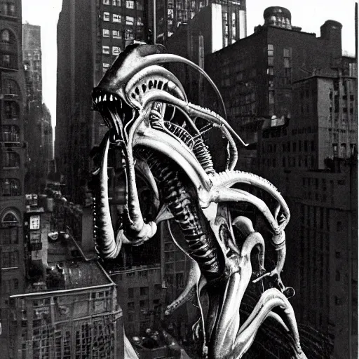Image similar to old black and white photo, 1 9 1 3, depicting a xenomorph from the movie aliens rampaging through the bustling streets of new york city, historical record
