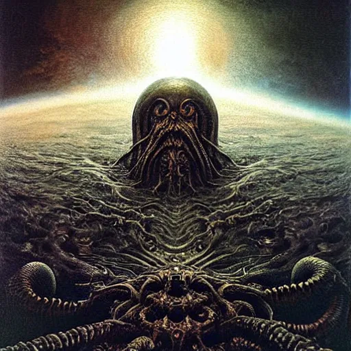 Image similar to outer space with eldritch terror and Cthulhu in the middle of composition, cosmic horror, ultra realistic, highly detailed, HD, sharp focus, cinematic lighting, realistic, art by HR Giger, art by Zdzislaw Beksinski