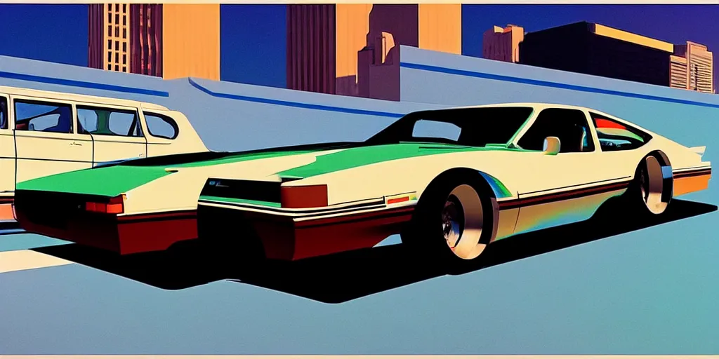 Prompt: art style by Ben Aronson and Edward Hopper and Syd Mead, wide shot view of Need for Speed, on ground level. full view of the hybrid design any two cars from 1980's, with wide body kit modification and dark pearlescent holographic paint.