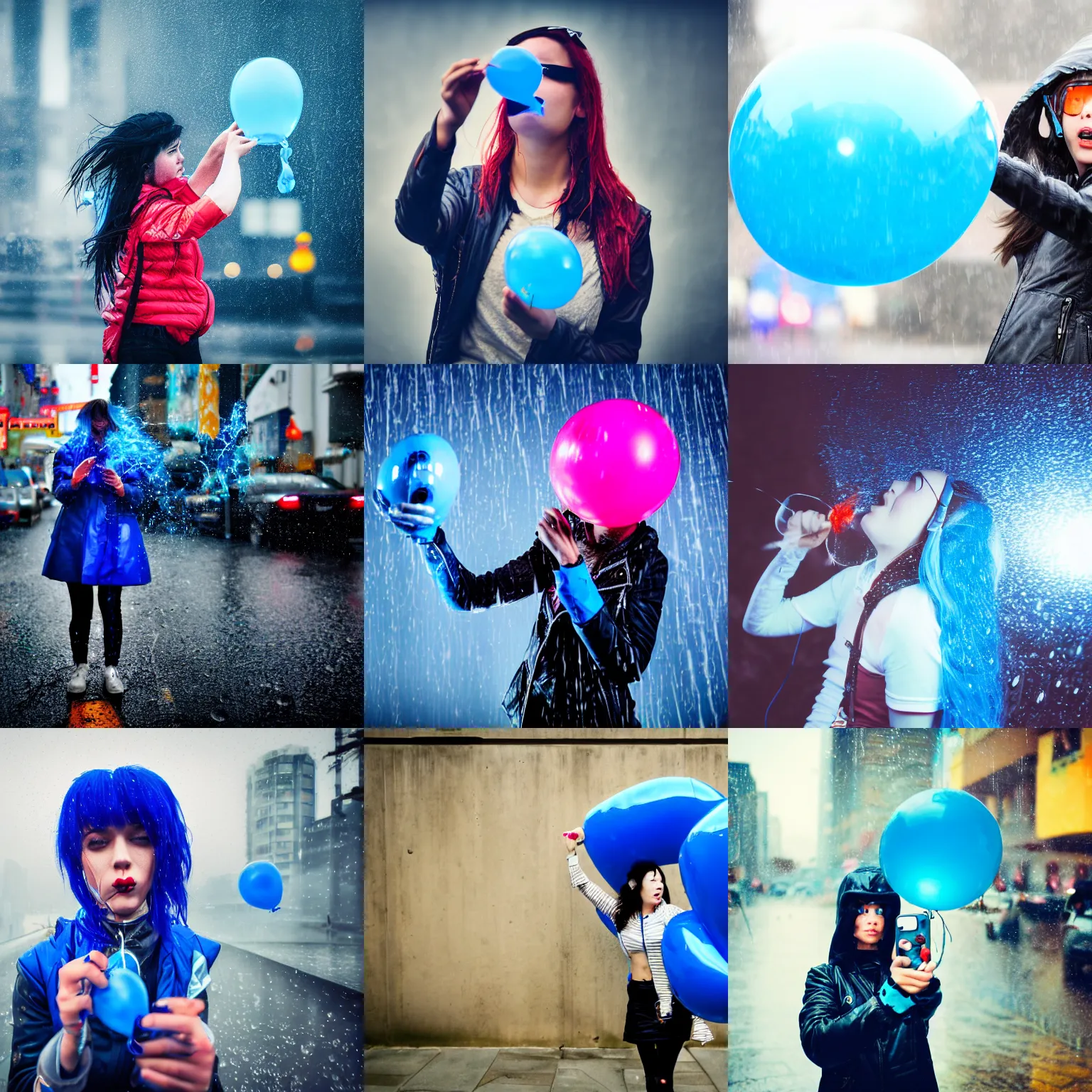 Prompt: Selfie of a cyberpunk girl blowing up a blue balloon in a rainy weather, Flickr photography