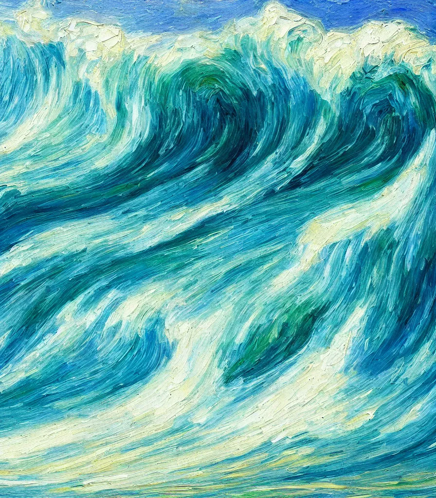 Image similar to an impasto oil painting from the inside of a barreling wave, traidic color scheme, blue and cyan colors, high detail, breathtaking wave, impressionism