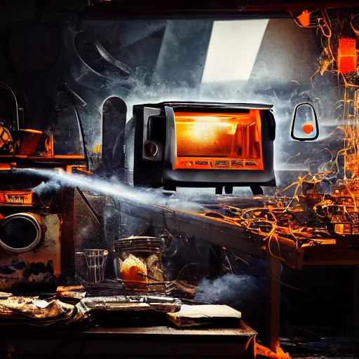 Image similar to cyborg toaster oven repairman, dark messy smoke - filled cluttered workshop, dark, dramatic lighting, orange tint, sparks, plasma rays, cinematic, highly detailed, sci - fi, futuristic, movie still