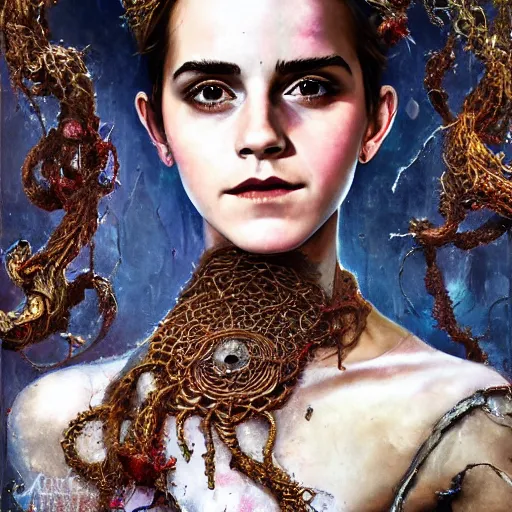 Image similar to emma watson expressive oil painting, of helena bonham carter mixed with sophia lauren, bumpy mottled skin full of blood and scars, ornate headpiece made from crystals, cables and wires, body horror, by yoshitaka amano, by greg rutkowski, by jeremyg lipkinng, by artgerm, digital art, octane render