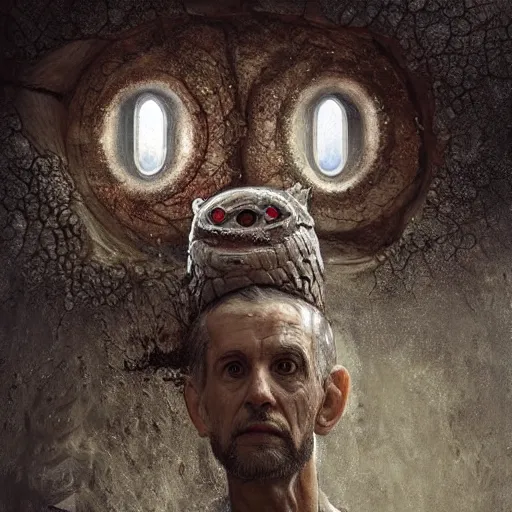 Image similar to michal karcz surrealism painting of the Benjamin Nethanyahu as an all seeing God. His eyes are watching everything. , horror theme, detailed, elegant, intricate, 4k,