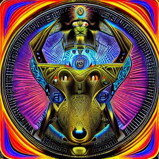 Image similar to the headed robotic hell dog, sacred geometry, alchemy, secrets of the merkabah in the style of alex grey