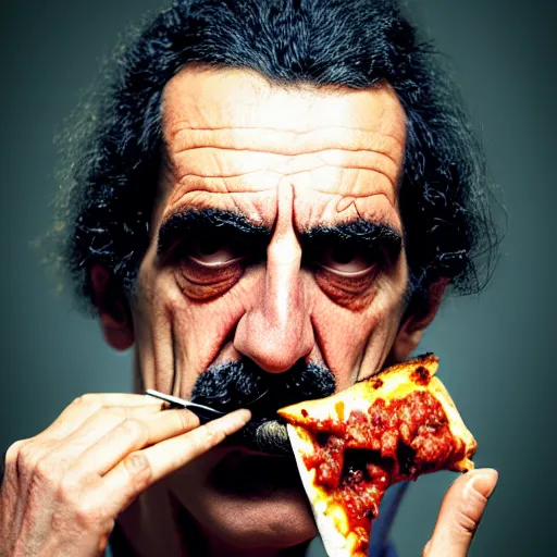Image similar to frank zappa smoking a pizza, 8 k, photorealistic, octane render, award winning photography, lovecraft style, horror atmosphere, cinematic, hyper realism,