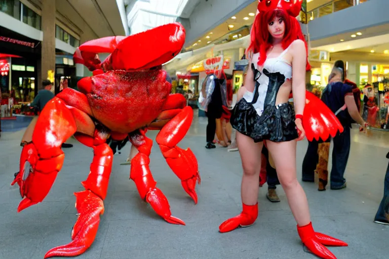 Image similar to a cosplayer cosplaying as a cute crab, in 2 0 0 2, at a mall, street style, royalcore, low - light photograph, photography by tyler mitchell