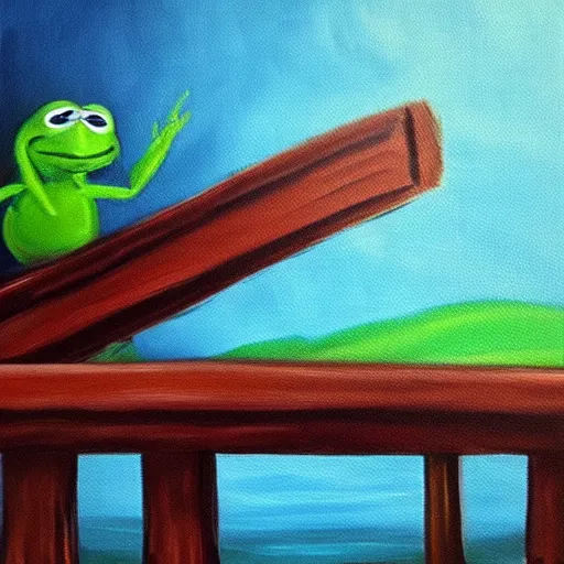 Prompt: “a bob ross style painting of kermit falling off a bridge”