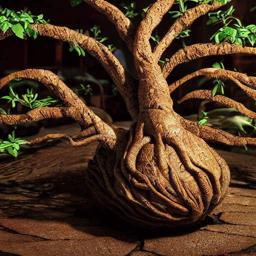 Prompt: medium shot, mandrake root in a pot, root in a form of human head with mandrake leaves growing from it, intricate hyper detailed ultra sharp sharp focus, global illumination, radiant light, alexandre ferra, irakli nadar, octane render, unreal engine, 4 k, ultra hd,