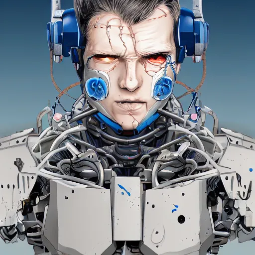 Image similar to Male cyborg, battle-damaged, scarred, wearing facemask, youthful face, neutral expression, blue eyes, neutral background, headshot, sci-fi, wires, cables, gadgets, Digital art, detailed, anime, artist Katsuhiro Otomo