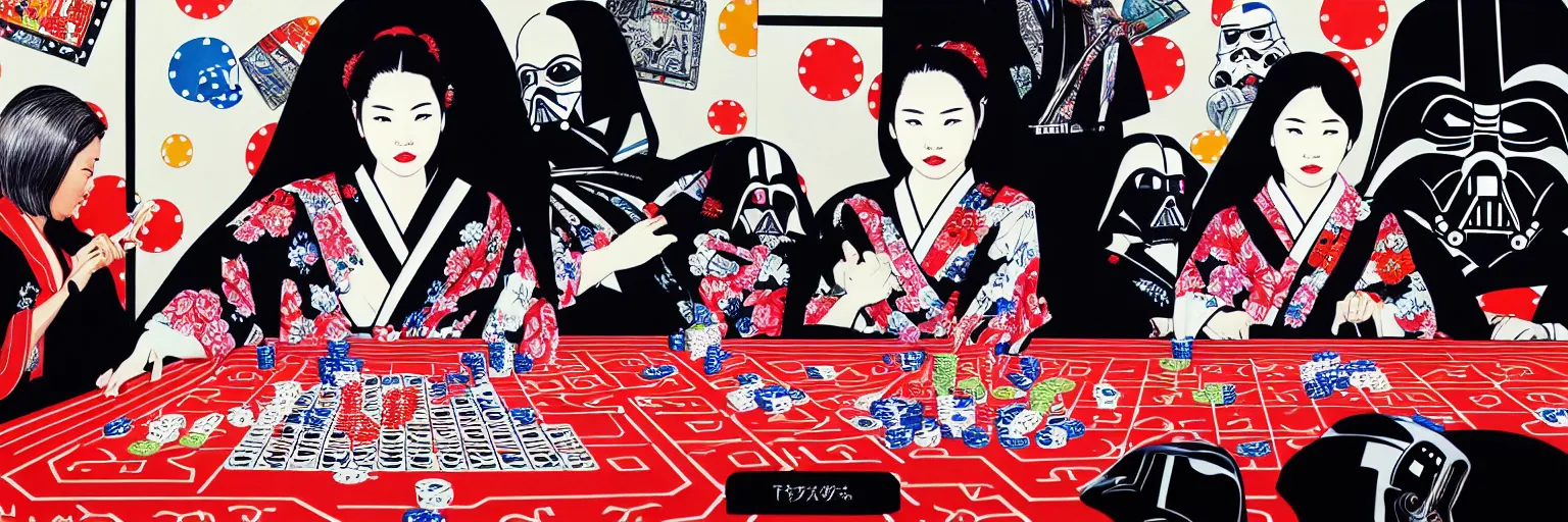 Image similar to hyperrealism composition of the detailed woman in a japanese kimono sitting at an extremely detailed poker table with darth vader and stormtrooper, fireworks on the background, pop - art style, jacky tsai style, andy warhol style, acrylic on canvas