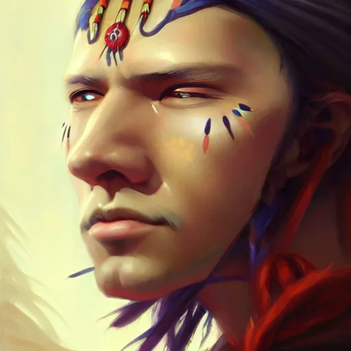 Image similar to anime portrait of a American native shaman by Stanley Artgerm Lau, WLOP, Rossdraws, James Jean, Andrei Riabovitchev, Marc Simonetti, and Sakimichan, trending on artstation