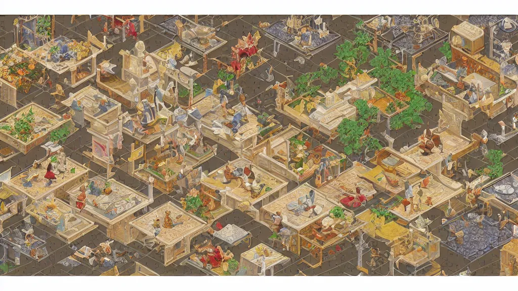 Prompt: fresco unbridled tatami isometric puzzle game, intricate design tatami